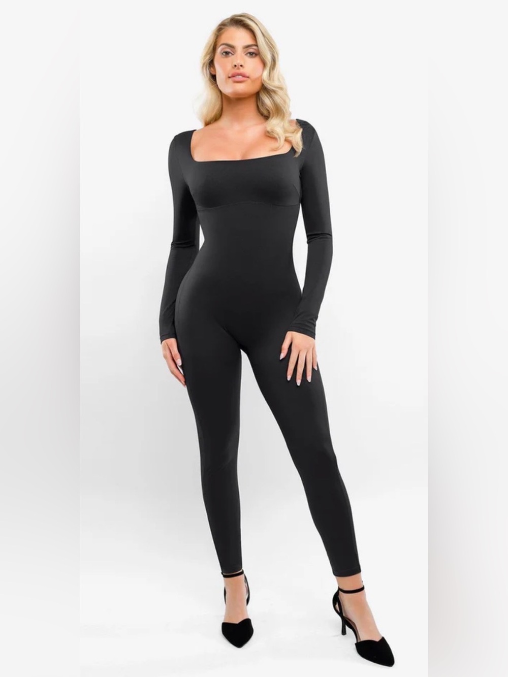 NWT Popilush XL XXL Shapewear Jumpsuit Square-Neck One Piece Long Sleeve Black